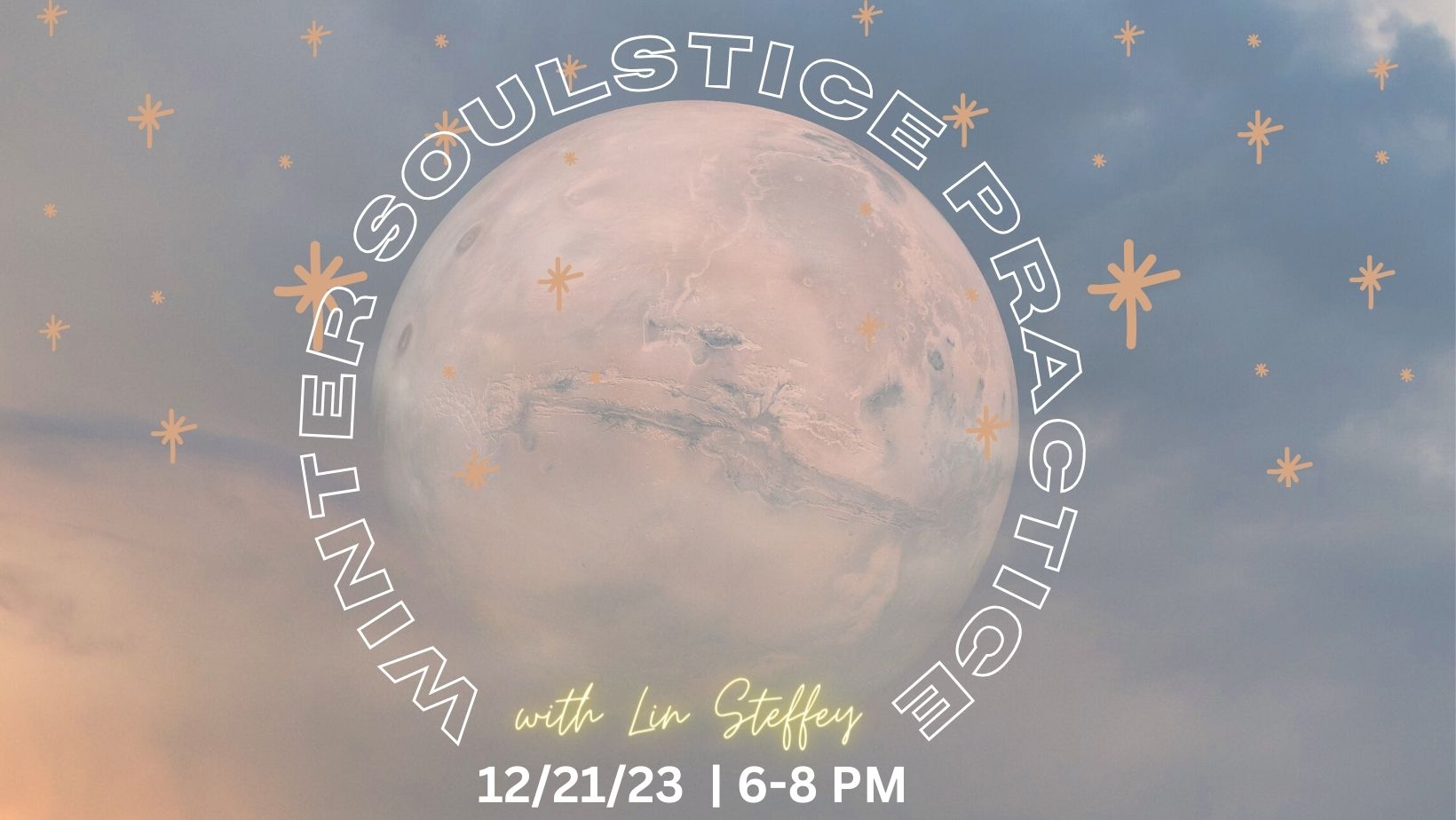banner image for winter soulstice event. A full moon with a dusky sky behind it and surrounded by graphic stars